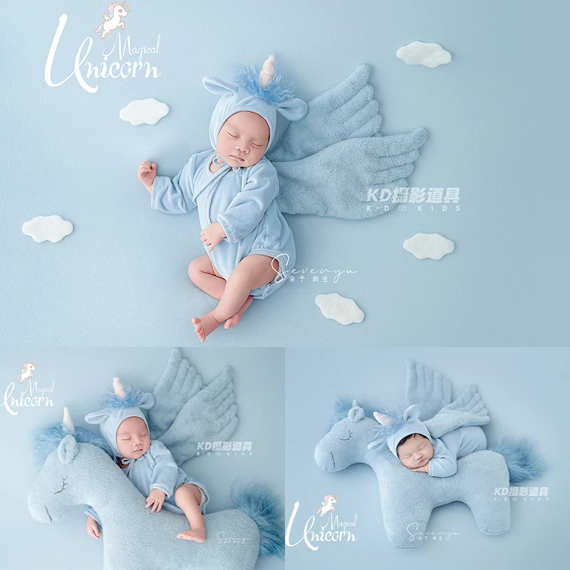 Cute Angel Theme Baby Jumpsuit Costumes with Wings Newborn Photography Props Baby Girl Princess Dress Unicorn Pillow Plush Toy