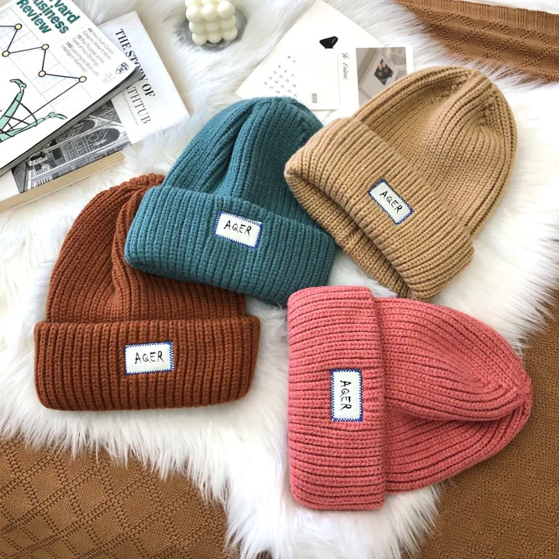 Huge Oversized Knitted Hat Women Winter Thicken Beanies Hat Big Head Cold Hat Lady Fashion Letter Warm Skullies Caps