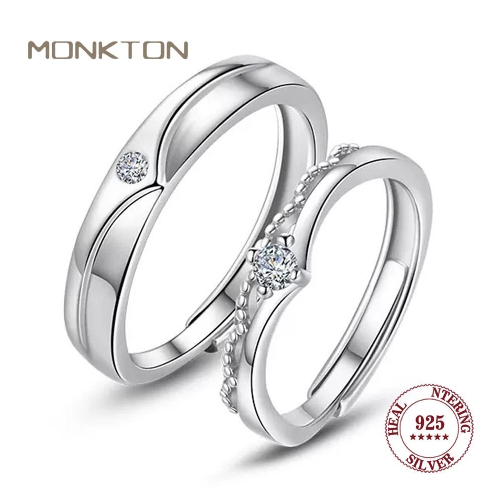 Monkton 100% S925 Sterling Silver Prince and Princess Rings for Lovers Adjustable Crown Couple Rings Anniversary Gift Jewelry
