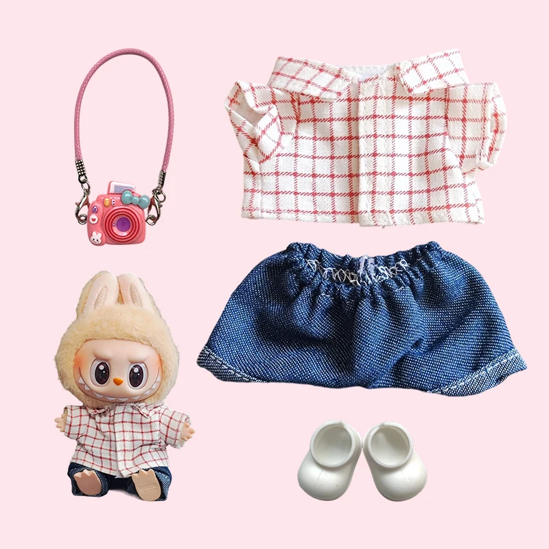 17cm Mini Doll'S Clothes Outfit Accessories For Labubu V1 V2 Striped overalls hats glasses shoes Cool handsome Clothing Gift