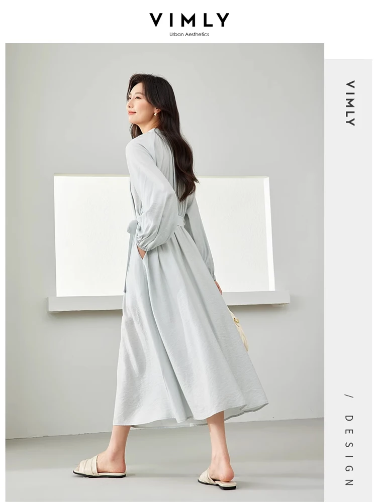 Vimly Women Midi Dress 2024 Spring Vacation Elegant Fashion Tie Belt Long Sleeve Dresses with Pockets Womans Clothing M5296