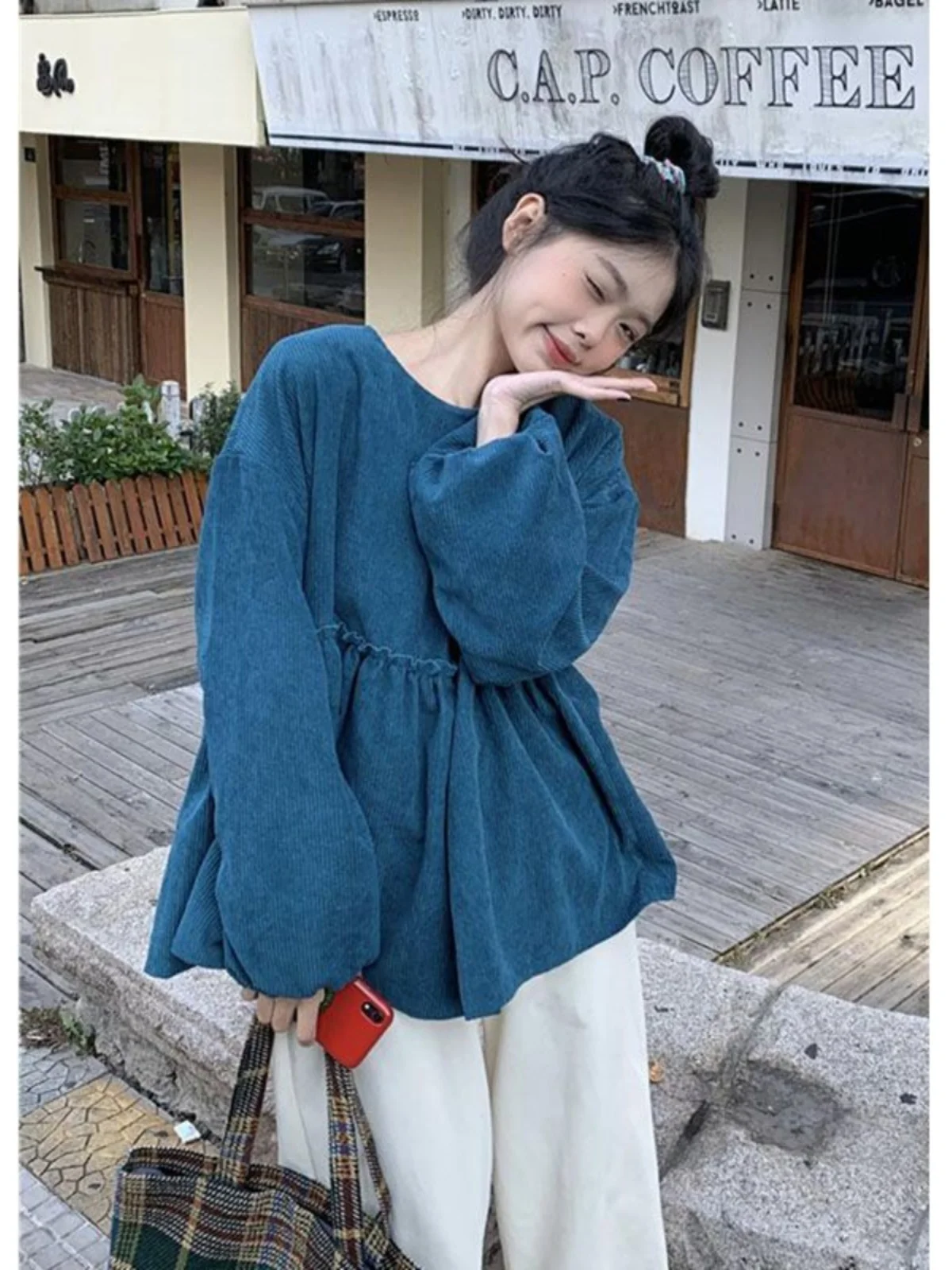 

plus Size 300 Pounds Retro Corduroy Bubble Sleeve Sweatshirt Loose Meat Concealing Anti-Aging Autumn Winter Women's Clothing