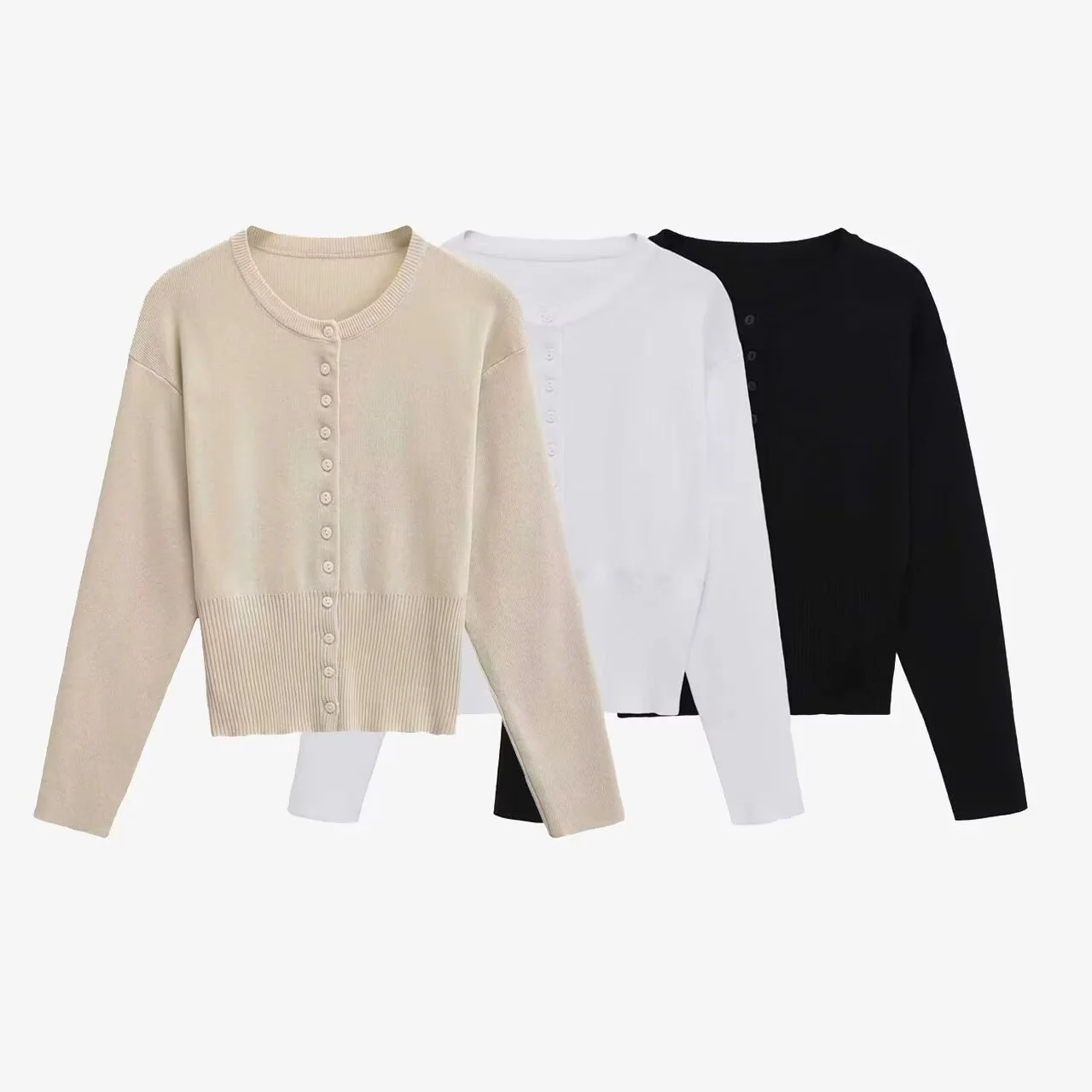 

2025 Autumn New Round Neck Knitted Shirt Women's Autumn Slim Fit Thread Splicing Waist Short Long Sleeve Cardigan Top