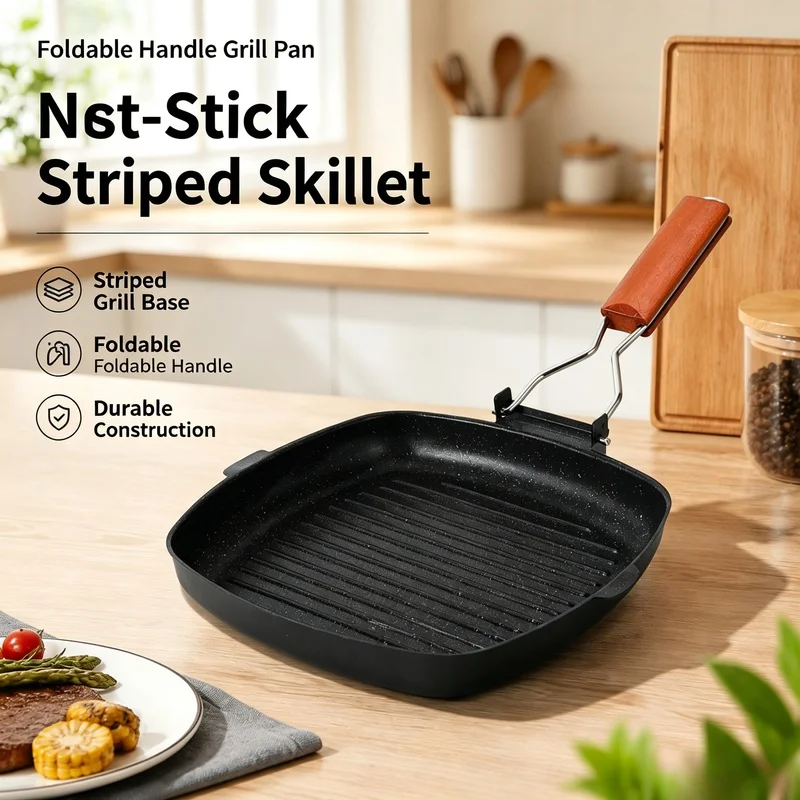 Foldable Portable Frying Pan Picnic Grill Pan Anti‑Scald Wooden Handle Double Mouth Steak Pan for Outdoor Camping (No Lid)