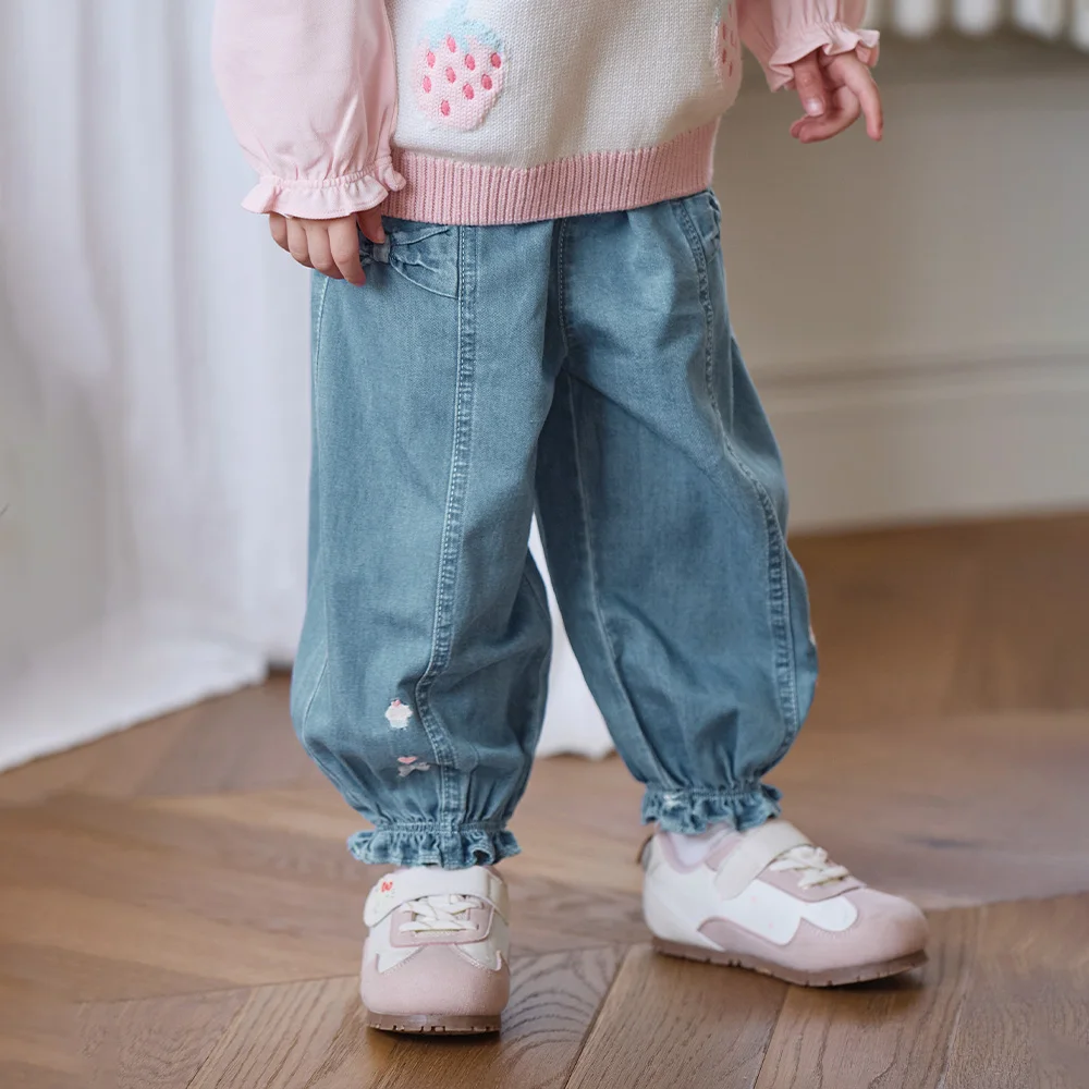 Dave Bella Children Jeans Girls Autumn Clothes Casual Trousers Denim Blue Outdoor Pants Elastic Cowboy Sweet Bow DB3262694