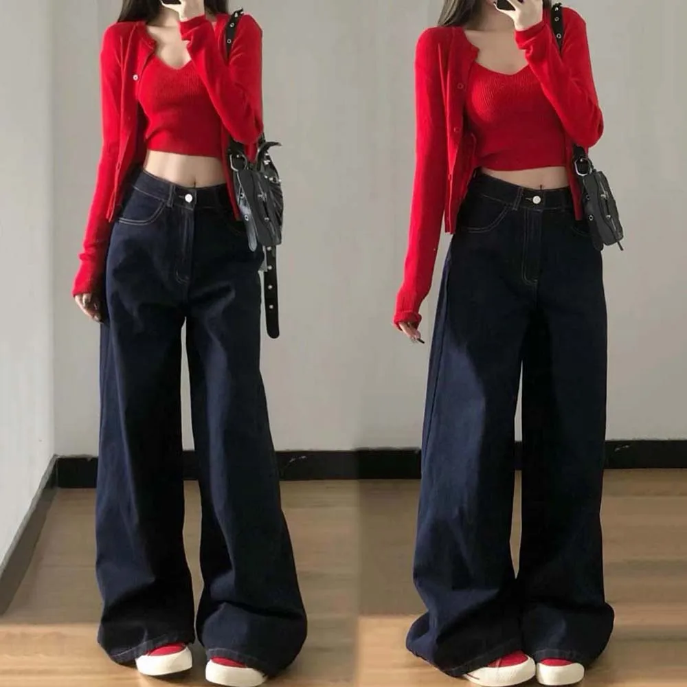 Loose Deep Blue Wide Leg Jeans Straight Wide Leg Korean Ins Straight Denim Trousers Denim Streetwear Women Cowboy Pants Girls