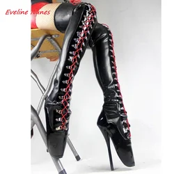 Stivali neri alla coscia nuovo arrivo donna inverno croce rossa cinghie sottile tacco alto punta quadrata moda discoteca scarpe da palcoscenico Sexy