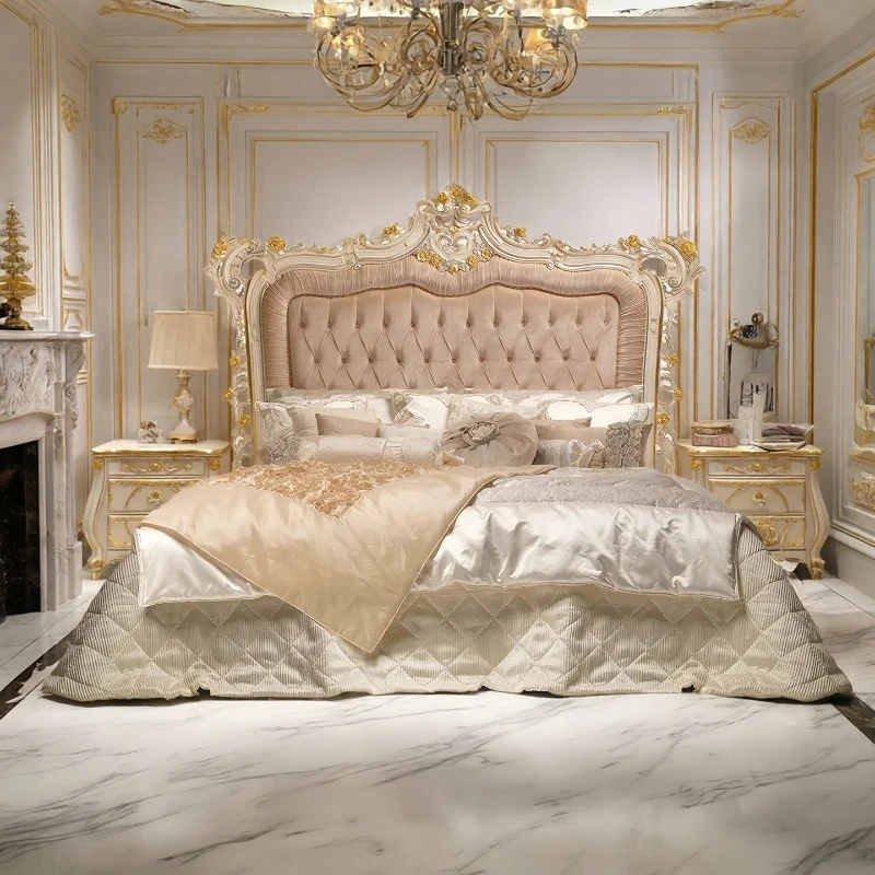 

French light luxury solid wood bed palace carved double bed, villa romantic wedding bed