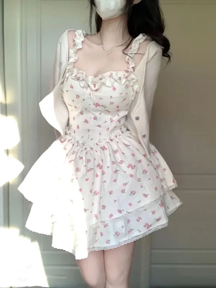 Lace Sweet Kawaii Dress Women Vintage Sleeveless Elegant Cute Mini Dress Female Print Korean Fashion