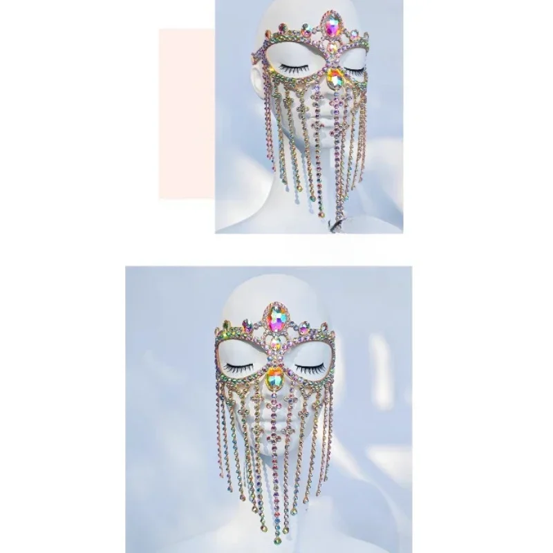 Masque à pampilles exagéré exotique pour femmes, voile Sexy, masque en cristal coloré, chaîne de bandeau, bijoux de bal, accessoires pour le visage