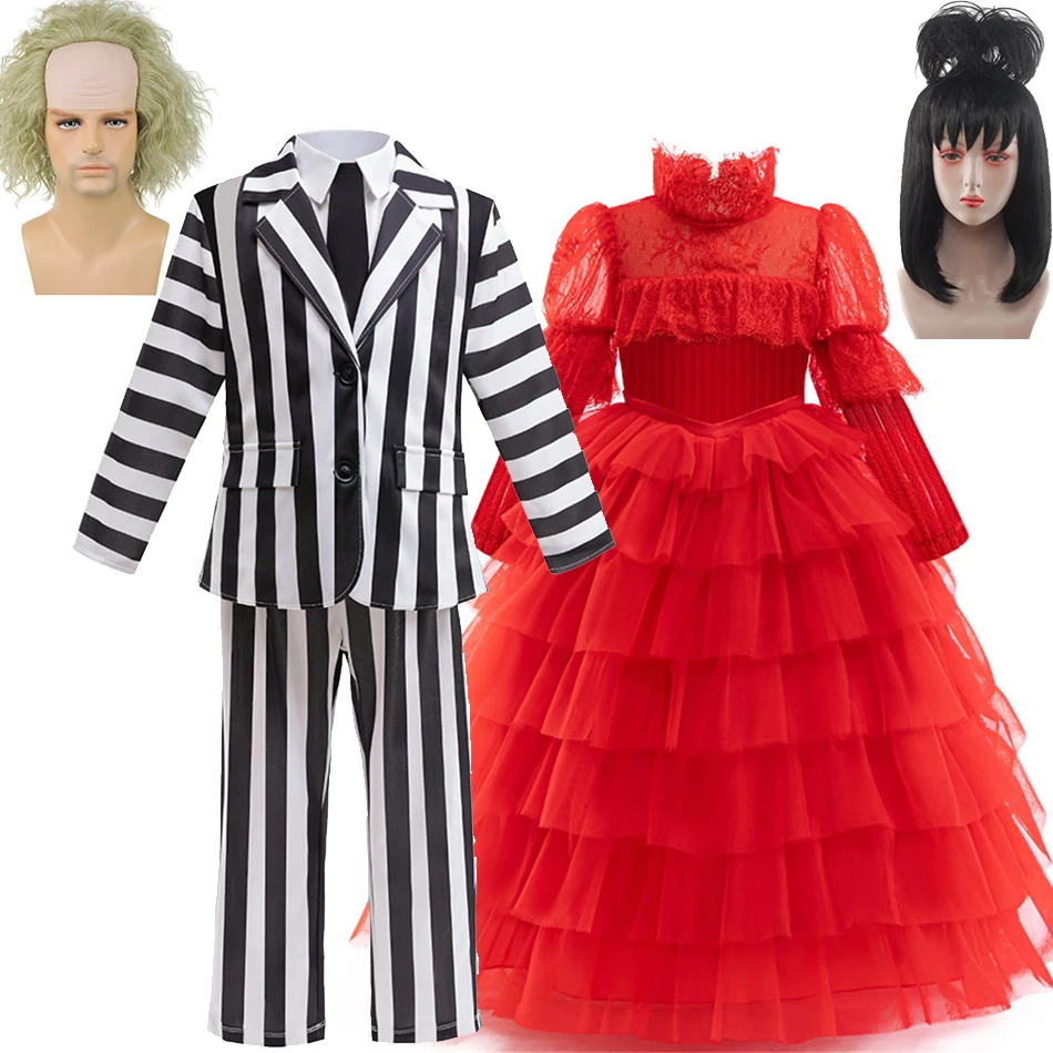 

New Movie Lydia Red Dress For Girls Halloween Classical Evil Role Playing Outfits Kids Red Lace Tulle Layered Dress Elegant Gown