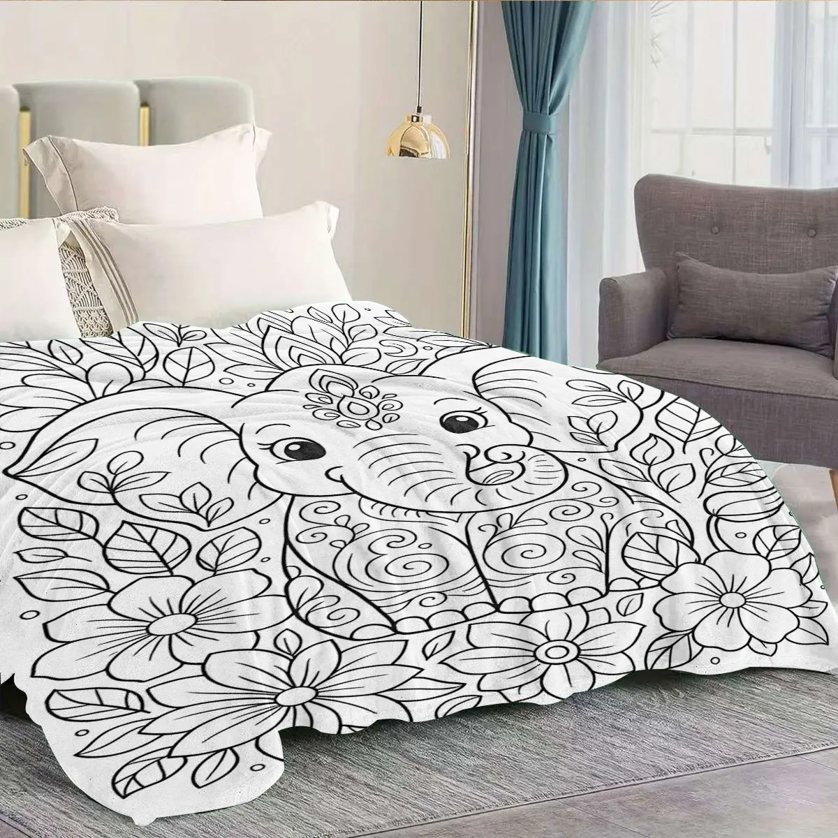 Bohemian Style Hand-painted Elephant Flannel Blanket, Featuring Cute Elephants with Curly Patterns, Surrounded by Flowers and Le