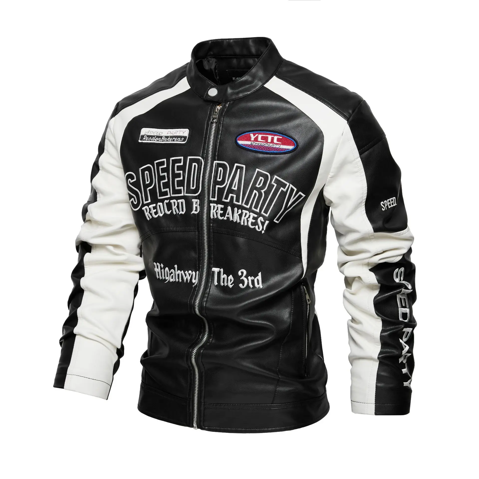 Spring Autumn Motorbike Jacket Man Stand Collar Leather Jackets Patchwork PU Leather Work Clothes Outdoor Motorcycle Riding Coat