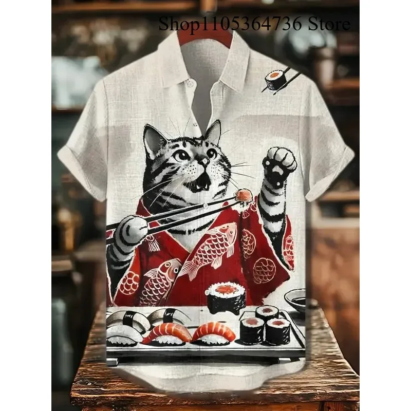 

Men's Novelty 3D Cat & Sushi Graphic Shirt Summer Casual Loose Fit Button Down Shirt