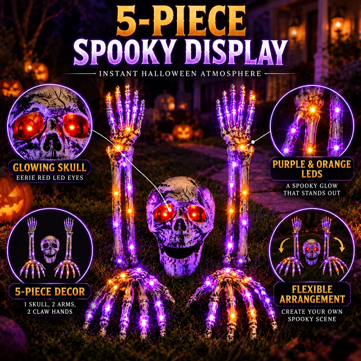 Halloween Skeleton Hand Skull Lights Solar Stake 8 Modes Auto On for Graveyard Garden Yard Pathway Porch Party Spooky Decor