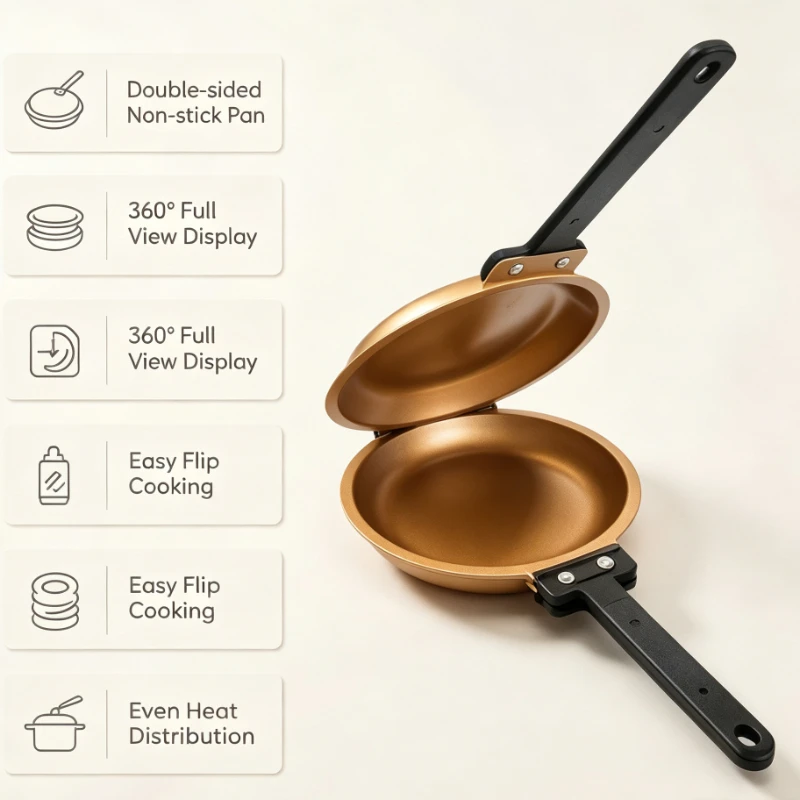 Gold Double Sided Non Stick Frying Pan 360 Degree Flip Pancake Maker For Omelettes Eggs Induction Gas Compatible Kitchen