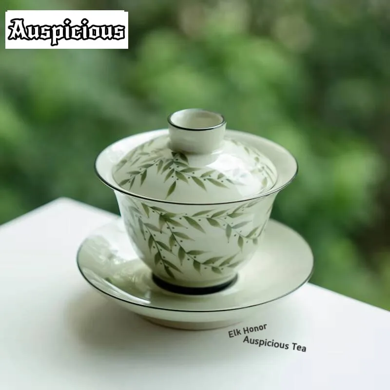 

150 мл чаша с крышкой из растительного ясеня Sancai, дзен, нарисованная вручную, зеленая бамбуковая чайная посуда в стиле ретро, против ожогов, Gaiwan, чайная посуда для кафе, подарок