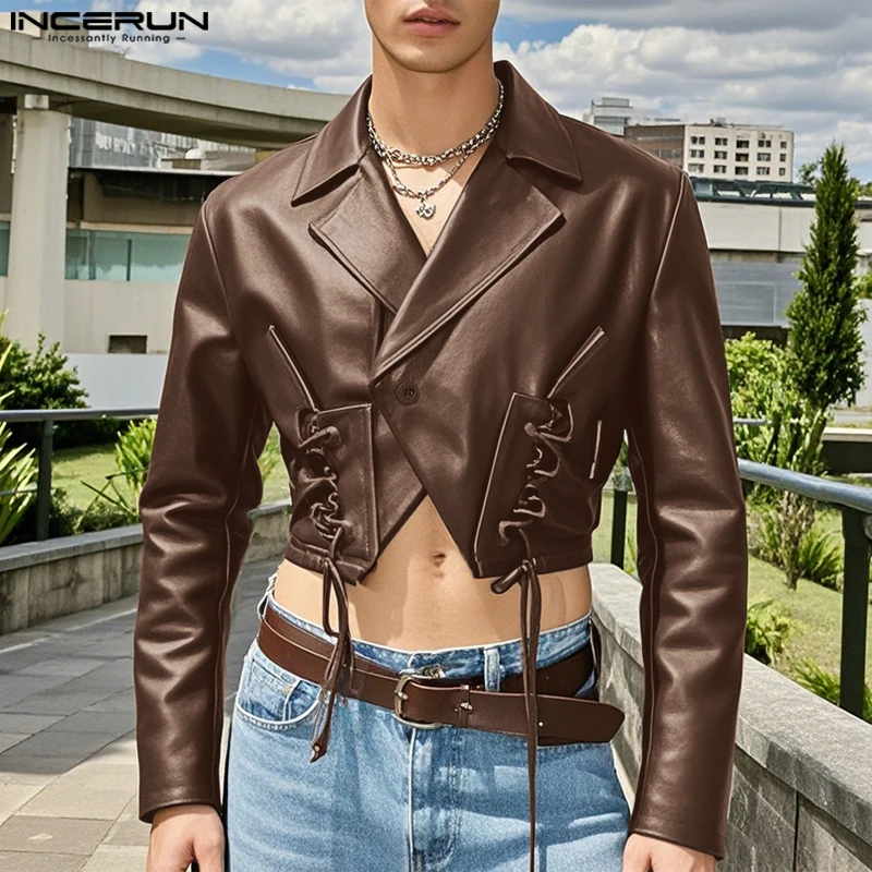 

Handsome Well Fitting Tops INCERUN New Men Tops Stylish Faux Leather Cropped Drawstring Suit Casual Hot Sale Long Sleeved Blazer