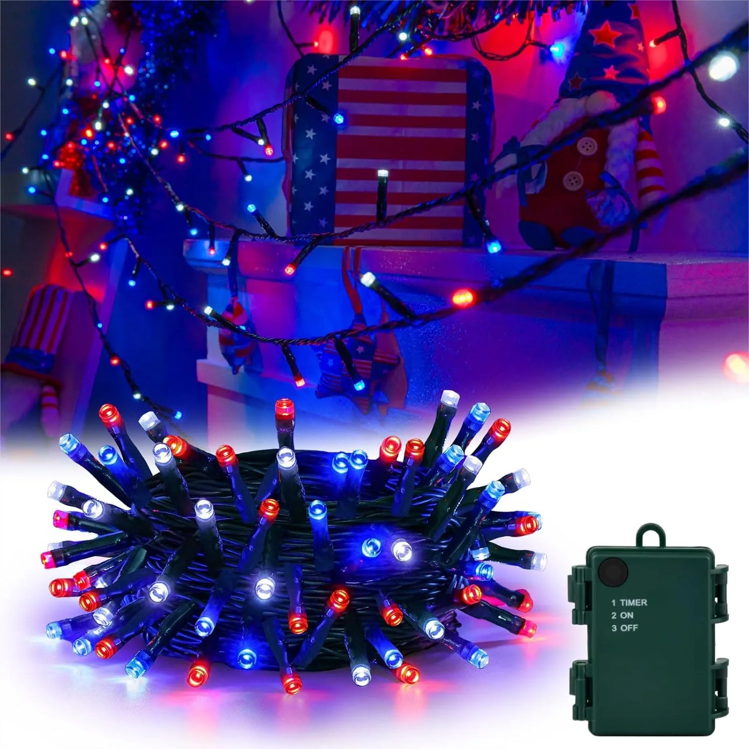 

Red White Blue String Lights Battery Operated With Timer 16.4Ft 50 LED Indoor Outdoor Memorial Day Patriotic Decorations For Party Patio Garden Yard