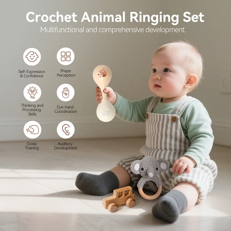 3 STKS Gehaakte Dierenbeer Rammelaar Speelgoedset Fopspeen Armband Houten Bijtring Ring Baby Product Mobiele Kinderwagen Wieg Houten Speelgoed Geschenken