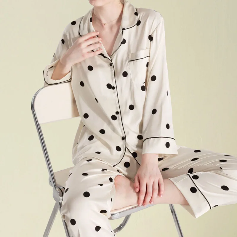 Winsleter-19MM 100%Real Silk Elegant Pajama Set, Long Sleeve Dot Print, Women French Breathable Homewear, 2026 Autumn S68110CC