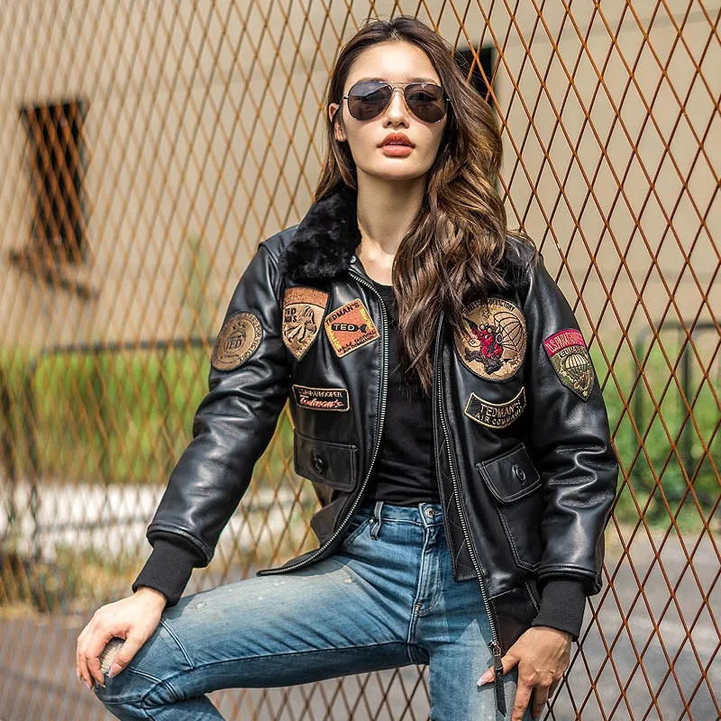 2024 New Women Air Force G1 Pilot Leather Jacket Fashion Embroidered Paratrooper Sheepskin Wool Fur Collar Winter Coats