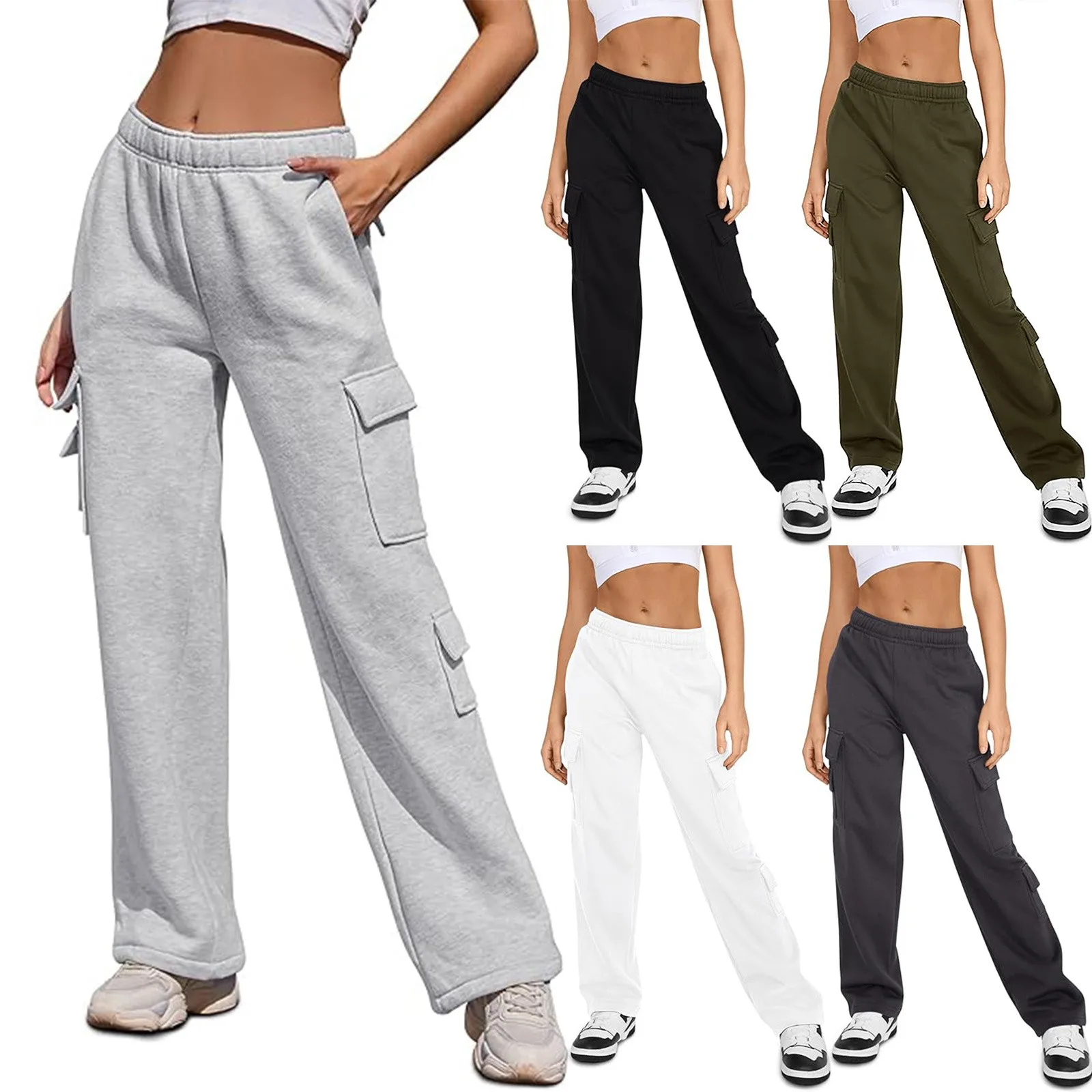 Herbst Winter Damen Cargo-Freizeithose Baggy Wide Leg Fleece-gefütterte Sweatpant Jogginghose mit hoher Taille und Taschen