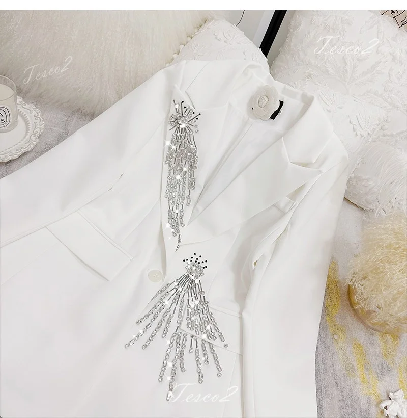 Tesco White Women's Blazer Suit With Diamond Long Sleeve Notch Collar Jacket Fashion Women's Luxury Blazer For Evening Party