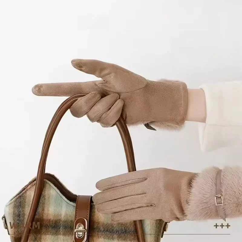 الشتاء النساء الدفء زائد المخملية شاشة تعمل باللمس رشاقته أفخم المعصم الجلد المدبوغ قفازات شخصية الموضة أنيقة محرك الدراجات #5