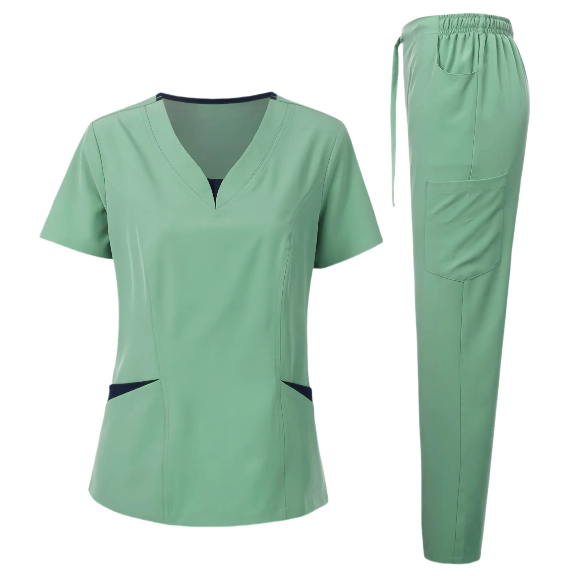 Contrast Patch V Neck Short Sleeve Scrub Top Stretch Breathable Nurse Uniform Medical Doctor Clinic Beauty Pet Salon Work Wear