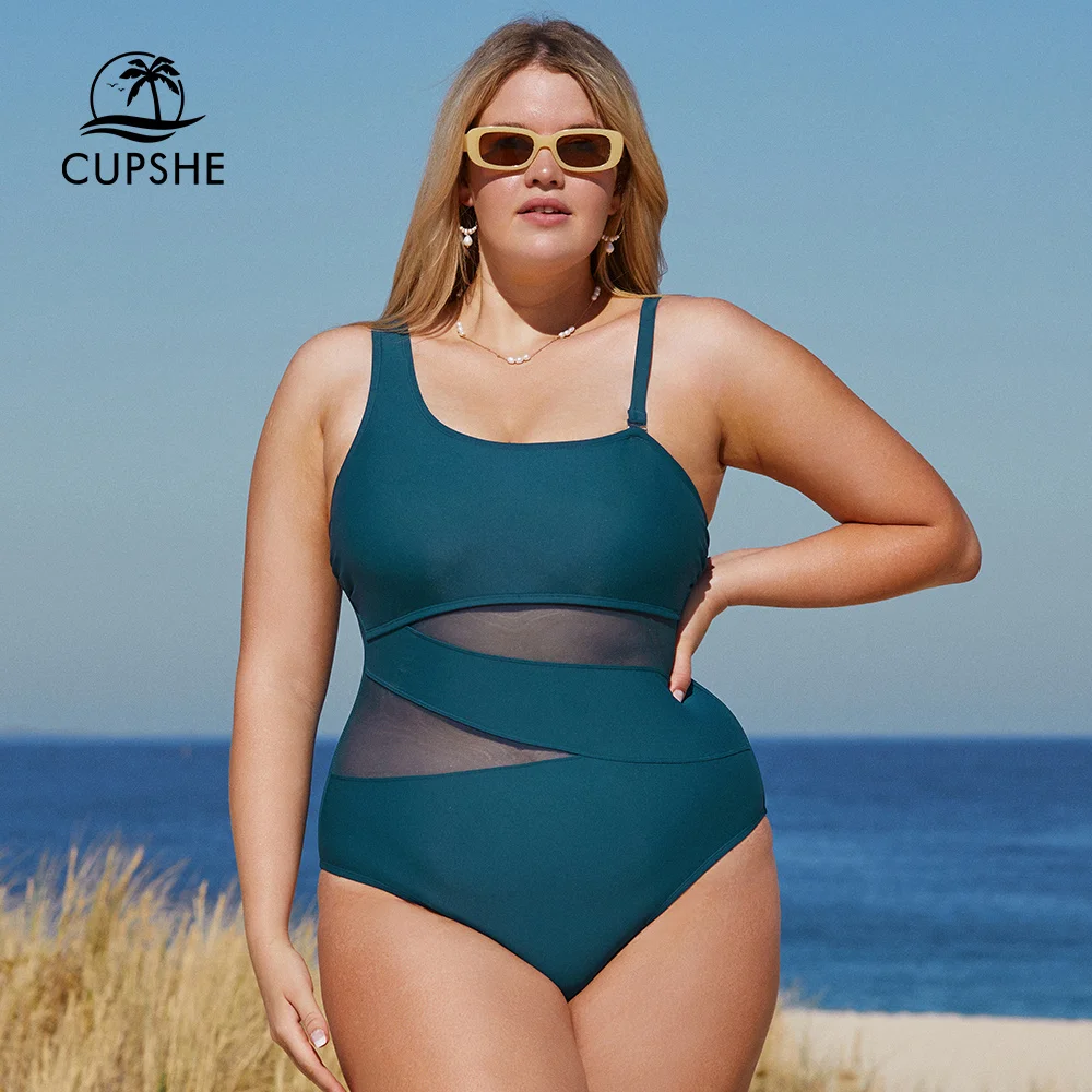 CUPSHE Plus Size Mesh One Shoulder One Piece Swimsuit For Women Sexy Large Size 3XL Monokini Bathing Suits 2023 Beach Swimwear