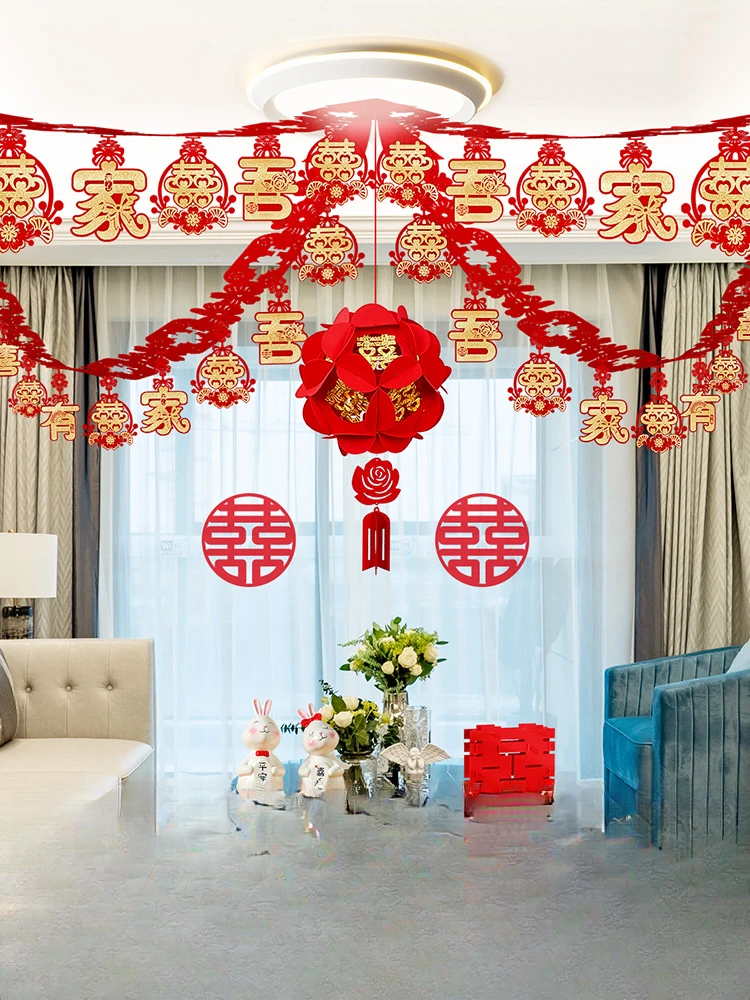 

Wedding room decorated with festive floral ceiling
