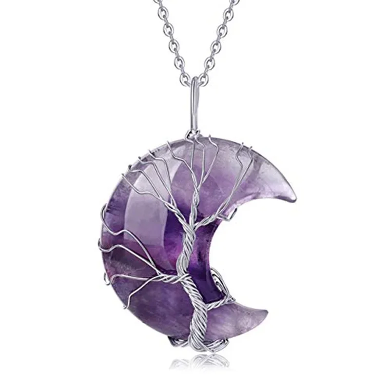 Natürliche Amethyst Mond Leben Baum Halskette Draht Wrap Halbmond Monde Kristall Anhänger Chip natürliche Quarz Stein Harz Halskette