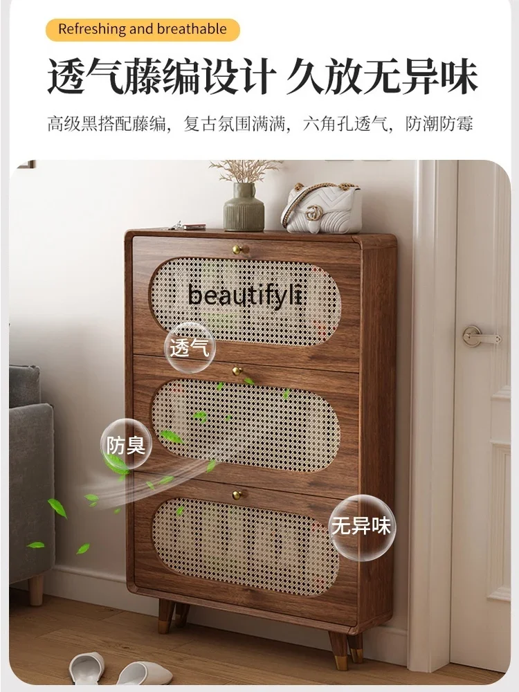 Tilting Shoe Cabinet Ultra-Thin Home Doorway Vintage Rattan Entrance Cabinet Antique Style New Narrow Cabinet furniture