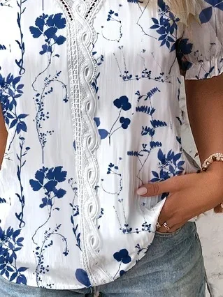 Fashion Casual Short Sleeve Shirt Women 2025 Summer V Neck Hollow Out Floral Print Blouse Female Elegant Striped Jacquard Tops