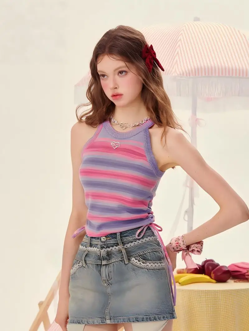Top de punto con cuello halter y rayas degradadas, top corto sin mangas ajustado de verano para mujer, ropa informal de calle y para vacaciones