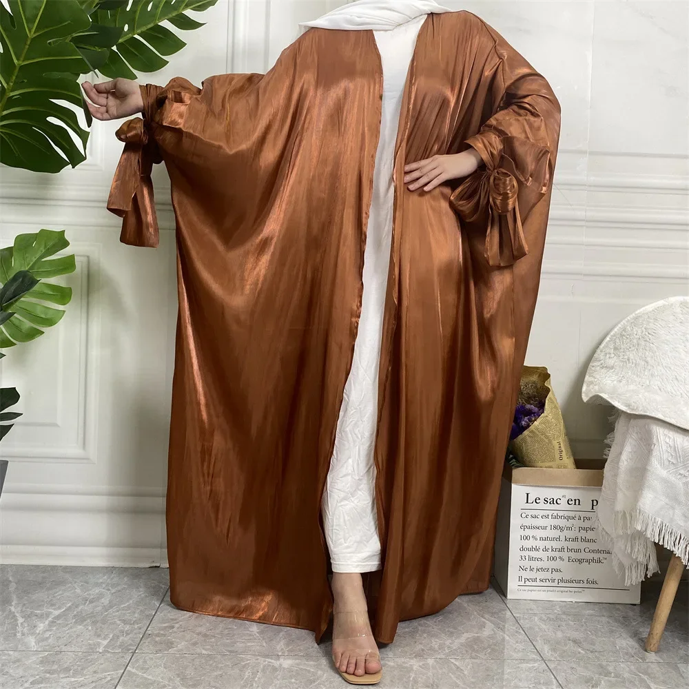 New Fashion Islamic Arab Shiny Silk Lace Sleeve Cardigan Gown Women Dress Cardigan Muslim Abaya Kimono Abaya Femme Musulman