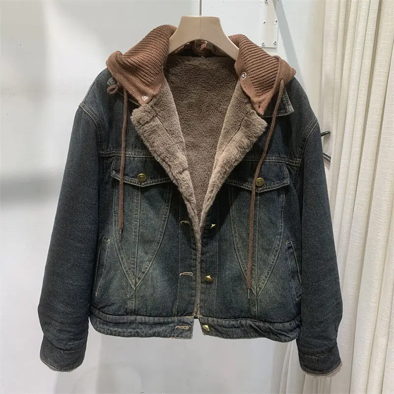 Vintage Women Winter Warm Fleece Lining Denim Jacket Casual Streetwear Knitted Hooded Coat Boyfriend Style Loose Fit Overcoat