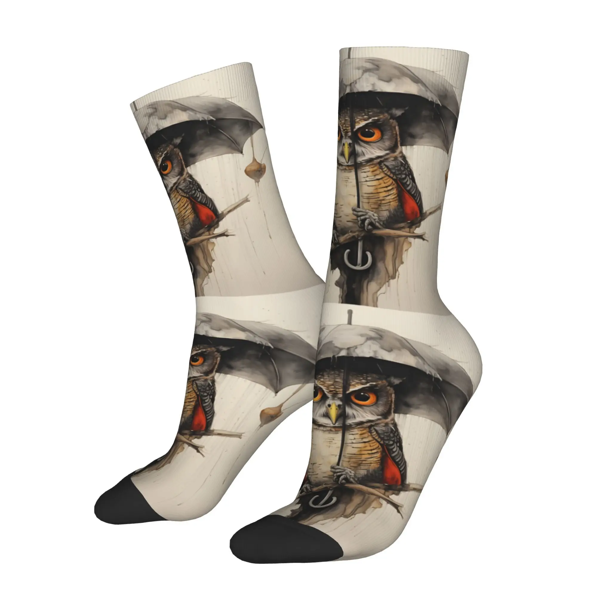 

Funny Sock for Men Owl Holding Umbrella Hip Hop Vintage Happy Breathable Pattern Printed Crew Sock Seamless Gift