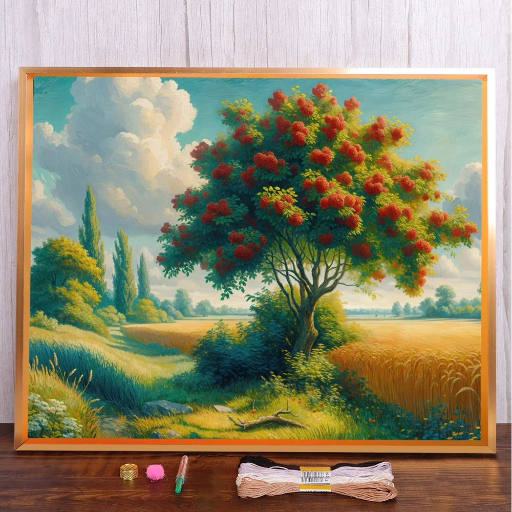 

Landscape Wheat Field Printed 11CT Cross Stitch Full Kit Embroidery Painting Knitting Handiwork Handmade Needle Floss Home Decor