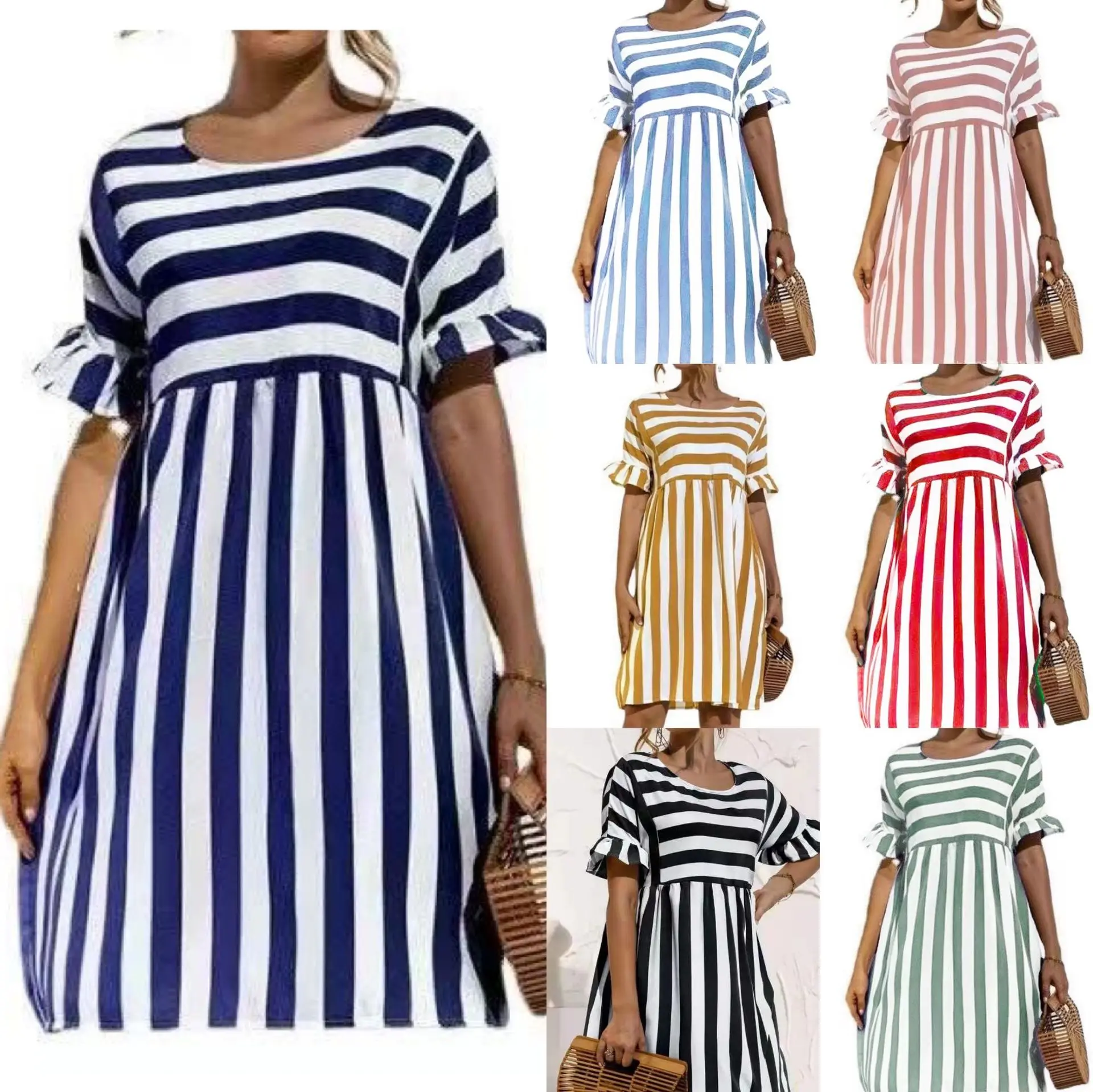Women summer dress 2025 new summer striped round-neck loose patchwork mini dress vestidoes cheap clothing HFFSAL64137