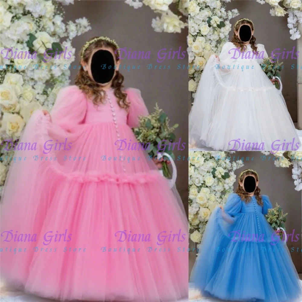 

Elegant Baptism Flower Girl Dress Quality Pink Tulle Fluffy For Little Princess Wedding Party Ball Kids Birthday Party Gowns