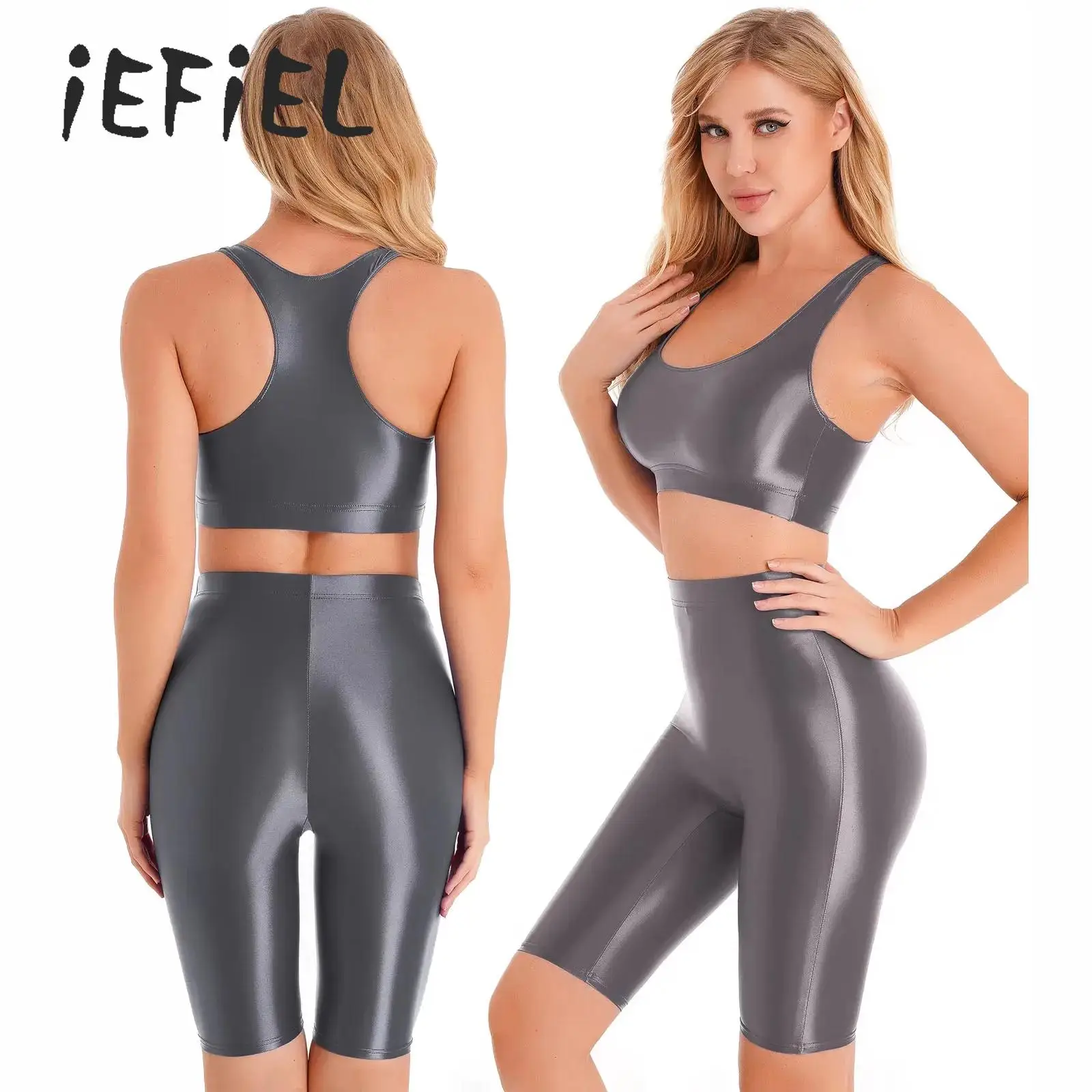 

Womens Two-pieces Swimsuit Swimwear Glossy Sleeveless Crop Tank Top High Waist Shorts Swimming Trunks Beach Sport Bathing Suit