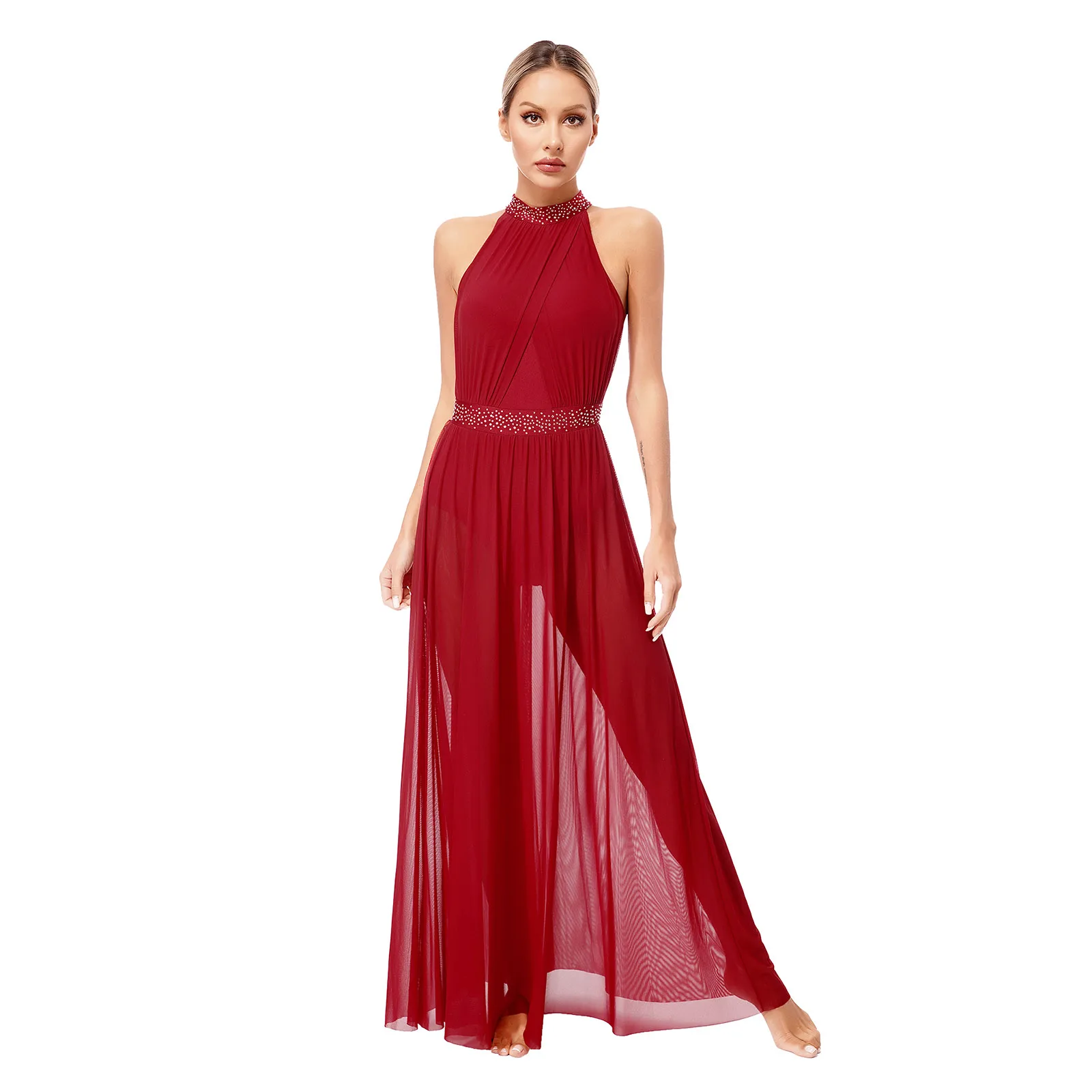 

Womens Lyrical Stage Performance Costume Shiny Rhinestone Halter Leotard Split Maxi Sheer Flowy Tulle Dress Ballroom Dancewear