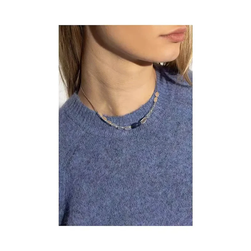 Early spring new design silver beaded collarbone chain commuting versatile dark blue oval lapis lazuli necklace women