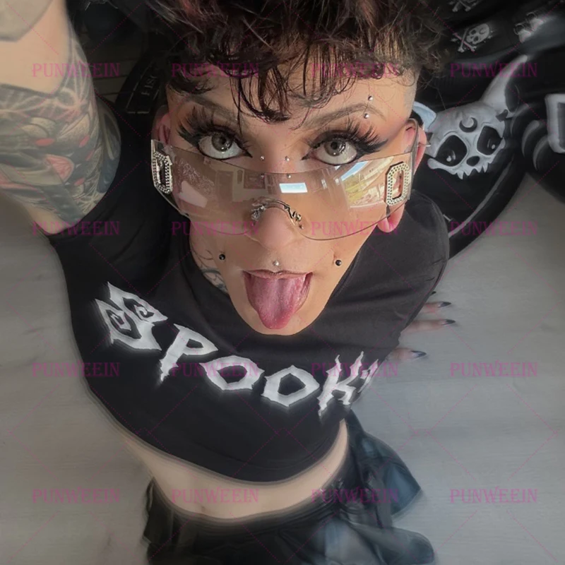 Spooky Daemon Gothic Punk Streetwear T-shirt Harajuku Zoet meisje Baby Tee Zomer Emo Meisjes Vintage kawaii Y2k 90s Party Crop Top
