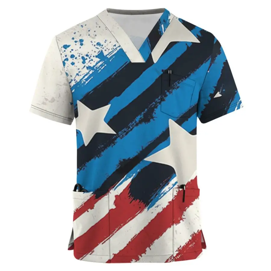 

Summer new men's retro American flag element five pointed star short sleeved V-neck workwear