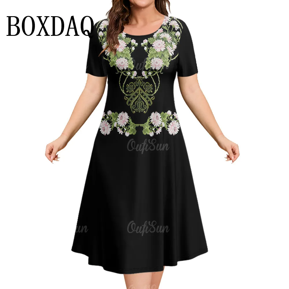 Elegant Ladies Sundress Loose Dress Women Flowers Print Short Sleeve Dress Vintage Pullover Casual O-Neck A-Line Mini Dress 2024