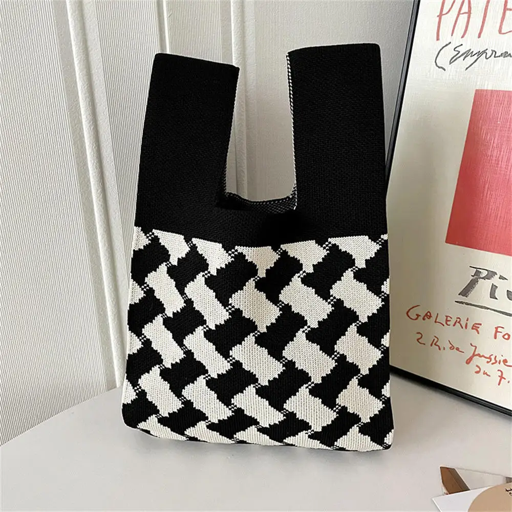 Handmade Knit Handbag Women Mini Knot Wrist-bag Female Casual Color Wide Stripe Plaid Tote Bag Student Reusable Shopping Bag