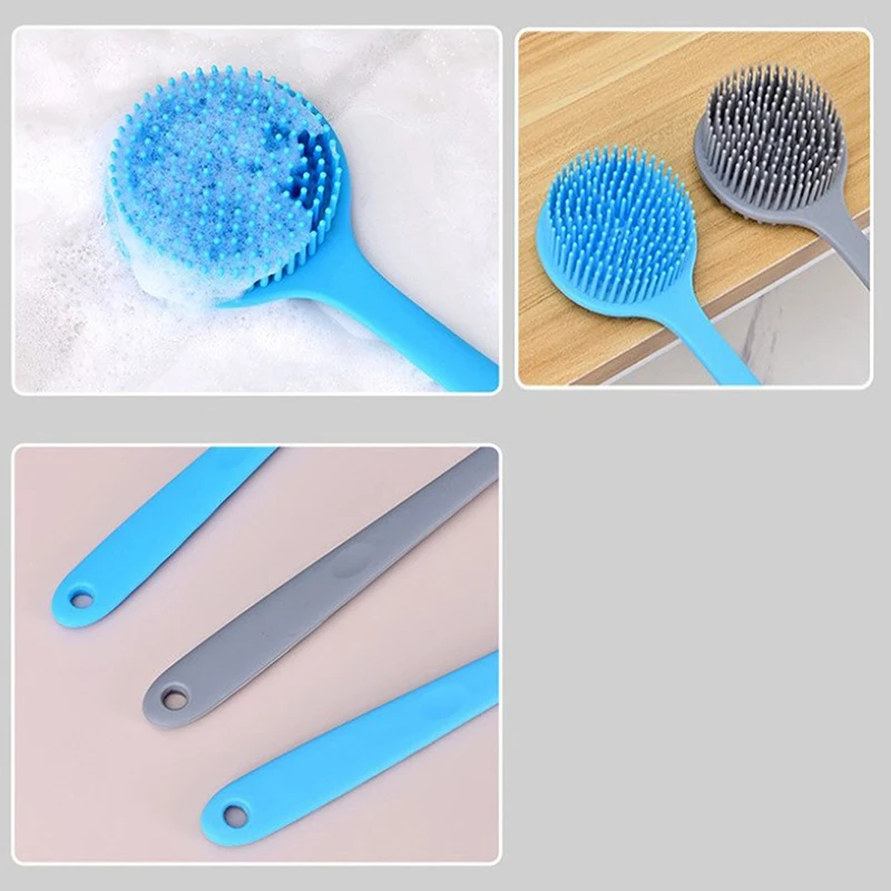 Siliconen rugscrubber, bodyscrubber met lange steel, lichte en gemakkelijk vast te houden doucheborstel voor huidreiniging en exfoliëren met een gratis haak